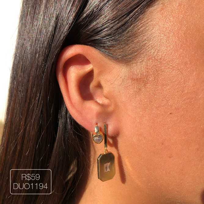 Duo Retângulo c/ Baguete + Argola c/ Coração de Zirc Cristal Dourado